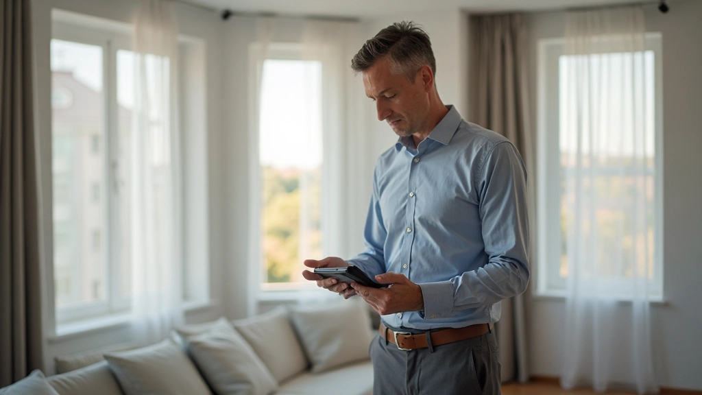 Property manager inspecting residential apartment with checklist and camera equipment