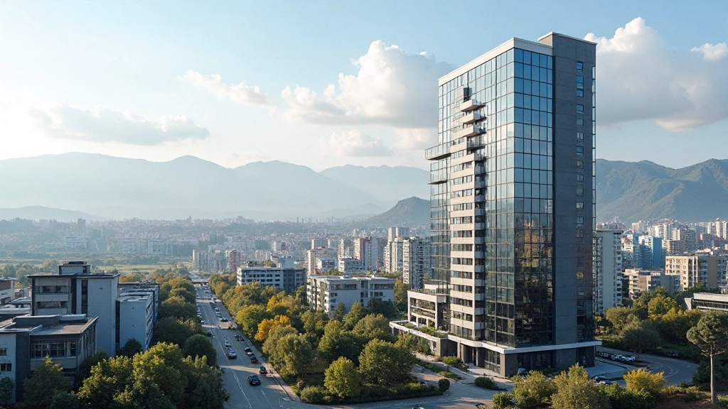 Профессиональное фото современного жилого комплекса в городе Алматы с видом на панораму города и горы